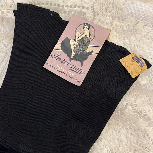 Antique 1920's Black Silk Knit Winter Stockings size 10, by Interstate - New with Original Tag - Daggers & Dames