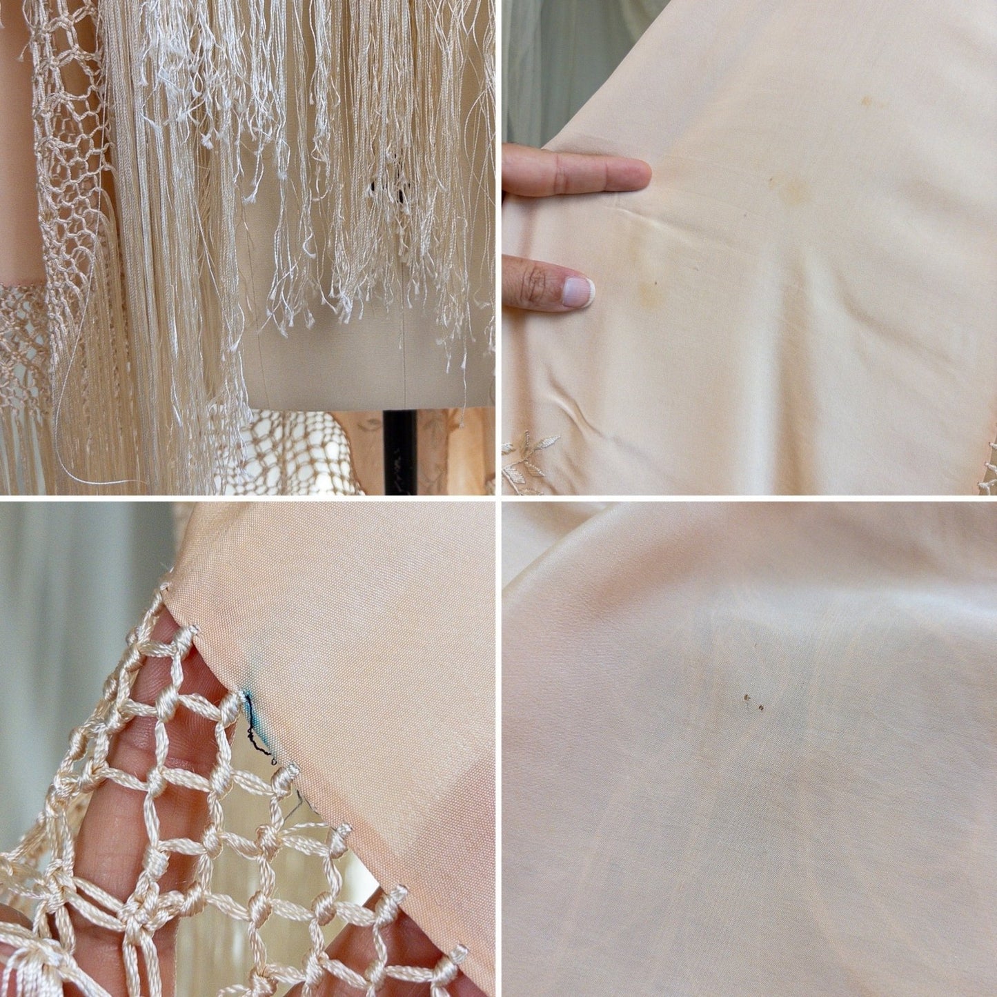 Antique 1920s Canton de Manila Piano Shawl & Art Deco Clasp - Pale Peach Silk with Ivory Floral & Heart Embroidery - Daggers & Dames