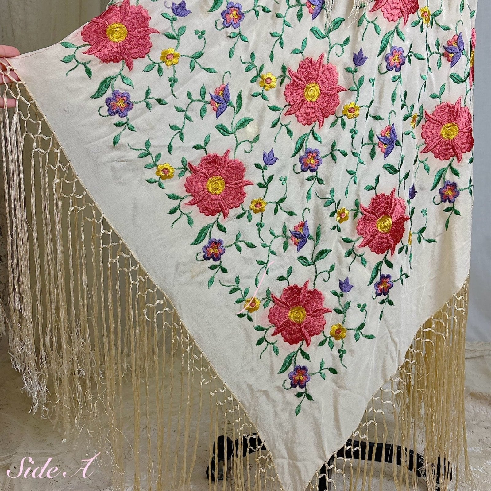 Antique 1920's Embroidered Ivory Silk Piano Shawl with Knotted Fringe - Size 64 x 64 - Daggers & Dames