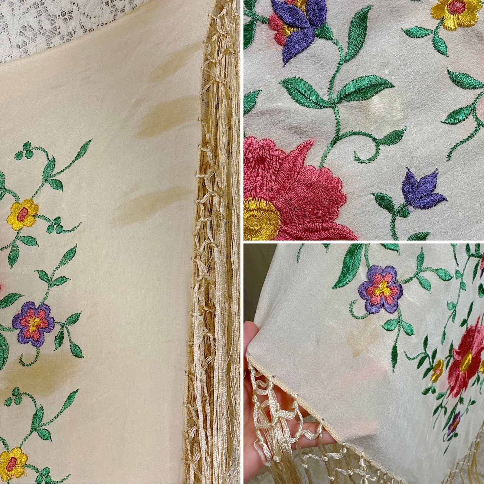 Antique 1920's Embroidered Ivory Silk Piano Shawl with Knotted Fringe - Size 64 x 64 - Daggers & Dames