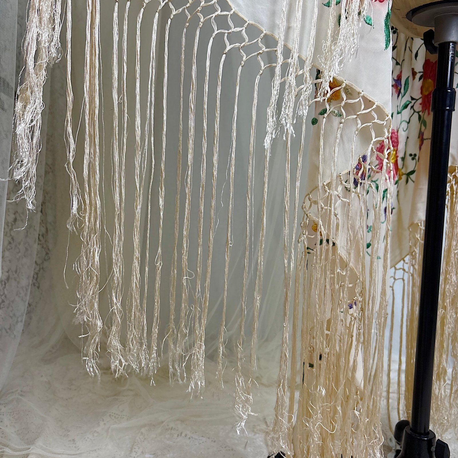 Antique 1920's Embroidered Ivory Silk Piano Shawl with Knotted Fringe - Size 64 x 64 - Daggers & Dames