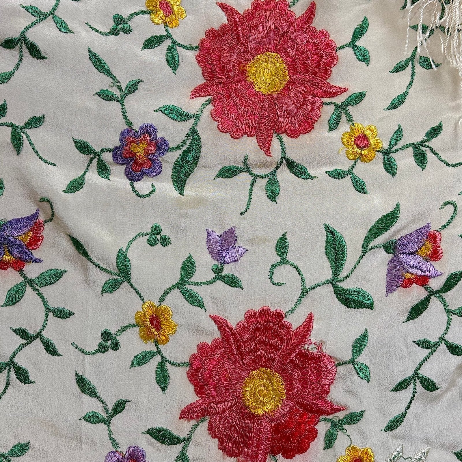 Antique 1920's Embroidered Ivory Silk Piano Shawl with Knotted Fringe - Size 64 x 64 - Daggers & Dames