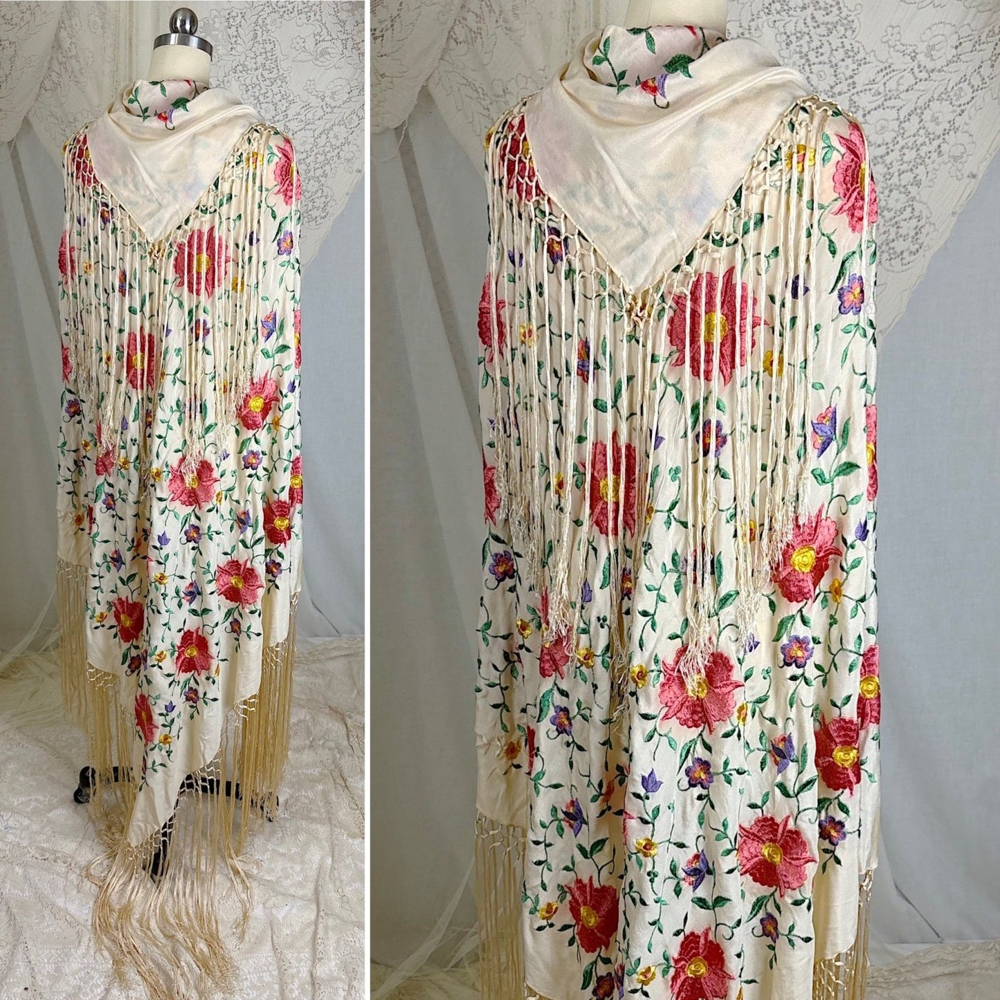 Antique 1920's Embroidered Ivory Silk Piano Shawl with Knotted Fringe - Size 64 x 64 - Daggers & Dames