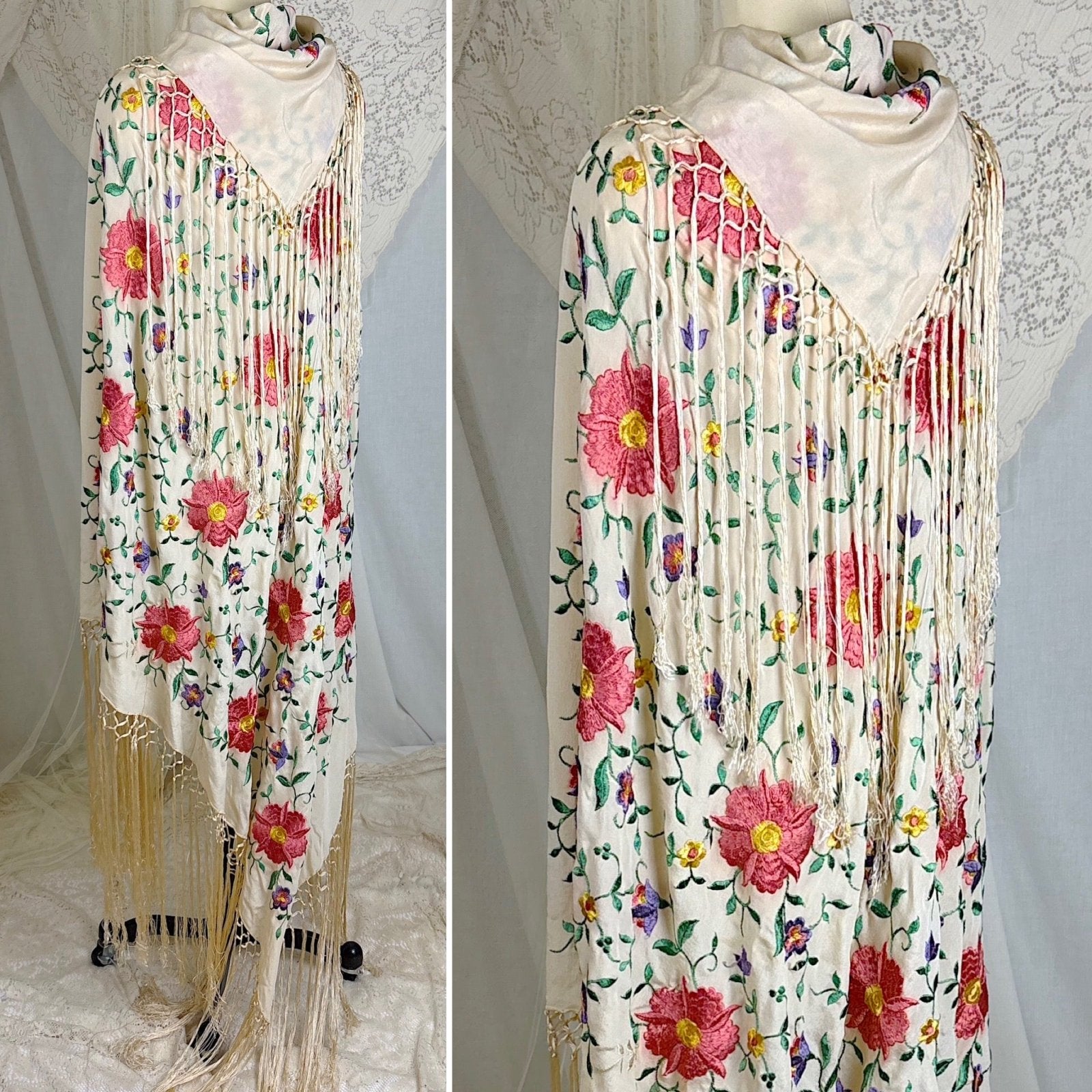 Antique 1920's Embroidered Ivory Silk Piano Shawl with Knotted Fringe - Size 64 x 64 - Daggers & Dames