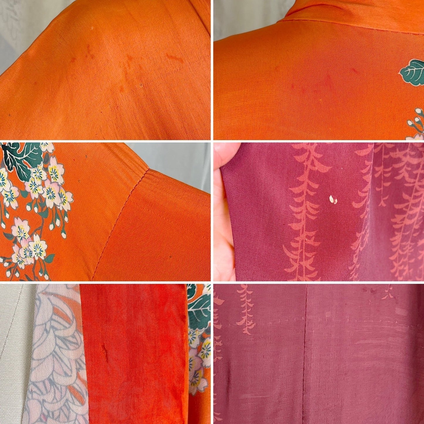 Antique 1920's Orange & Burgundy Floral Print Silk Japanese Kimono Robe, size Free - Daggers & Dames