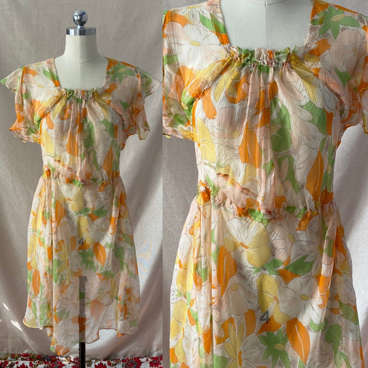 Vintage 1920's Dress | Very Sheer Spring Floral Print Silk Gauze with Bias Cut & Ruffled Sleeves | Size 34-36 Bust, S, M