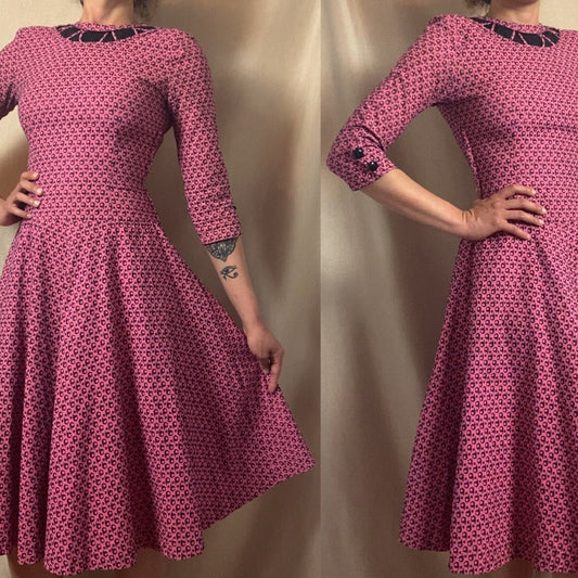 Vintage 1950's Full Swing Bowling Dress | Bubblegum Pink with Navy Blue Abstract Cotton Damask | Size 32-34 Bust, XS | Peg Hurley by Brunner
