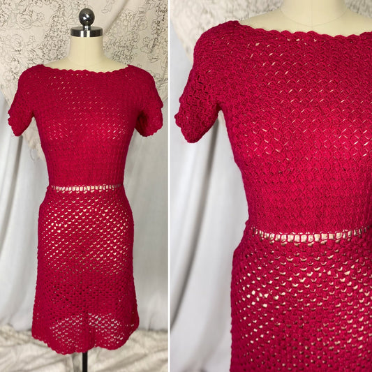 Vintage 1950's - 1960's Wiggle Dress | Hot Fuchsia Pink Hand Crochet Cotton with Rhinestone Buttons | Size S, M