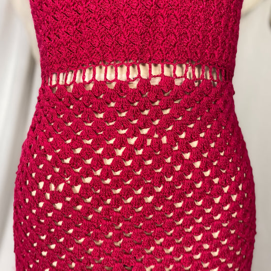 Vintage 1950's - 1960's Wiggle Dress | Hot Fuchsia Pink Hand Crochet Cotton with Rhinestone Buttons | Size S, M