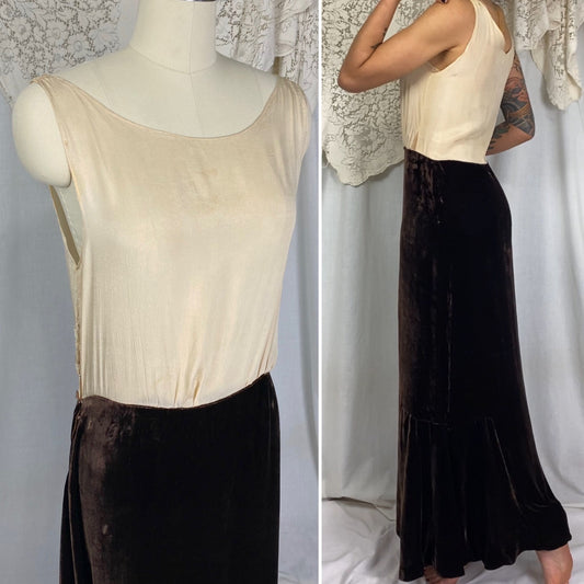 Vintage 1920's - 1930's Maxi Dress | Semi-Sheer Tan Silk with Deep Chocolate Brown Silk Velvet | Size XS, S