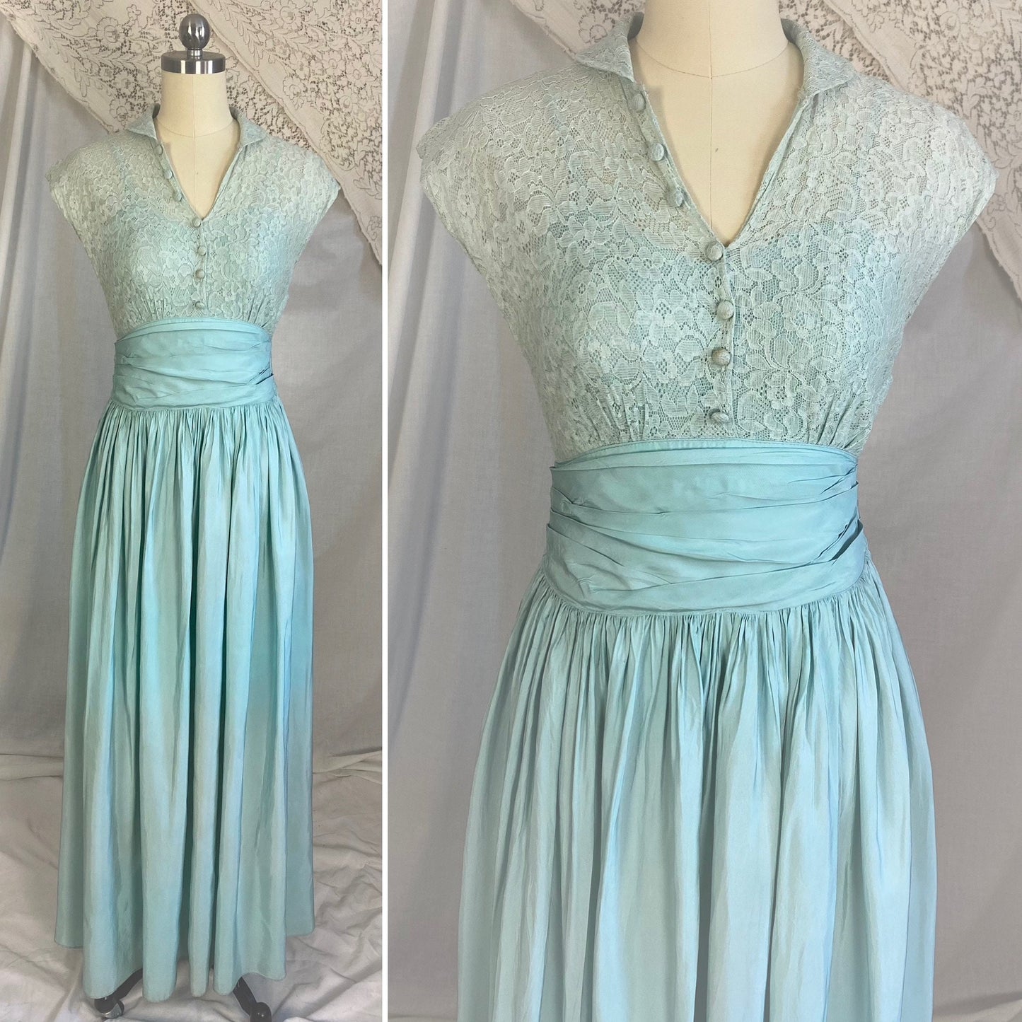 Vintage 1940's Maxi Dress | Dusty Pale Blue Floral Cotton Lace with Rayon Taffeta Skirt | Size XS