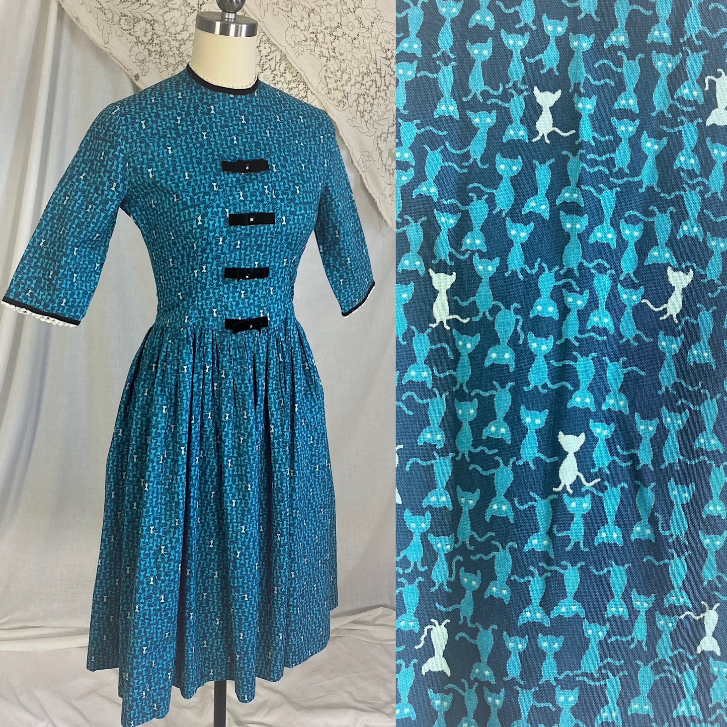 1950's - 1960's Full Swing Dress | Blue Cotton with Atomic Kitty Cat Print & Rhinestone Black Velvet Bows | Size XS Petite | Semitee N