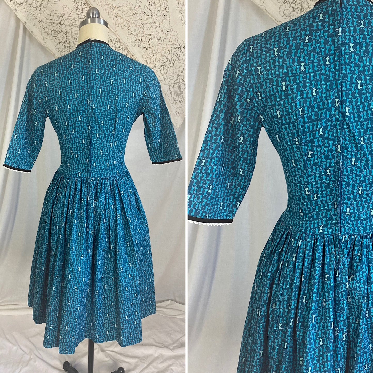 1950's - 1960's Full Swing Dress | Blue Cotton with Atomic Kitty Cat Print & Rhinestone Black Velvet Bows | Size XS Petite | Semitee N