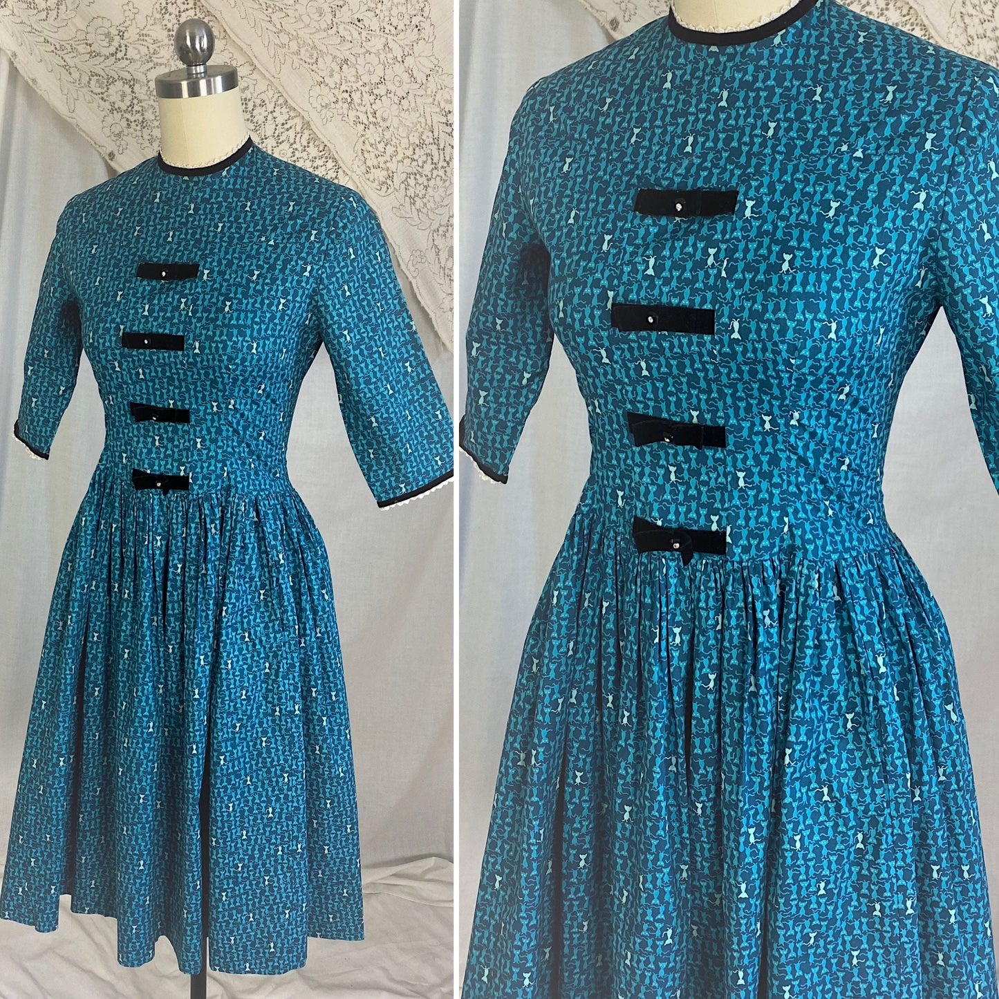 1950's - 1960's Full Swing Dress | Blue Cotton with Atomic Kitty Cat Print & Rhinestone Black Velvet Bows | Size XS Petite | Semitee N
