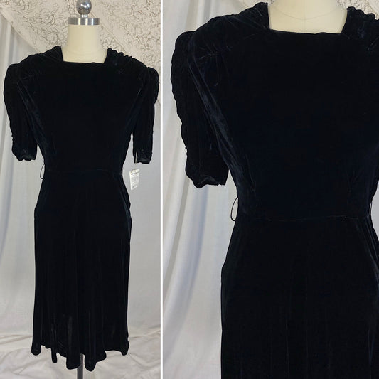 Vintage 1940's Dress | Deep Black Rayon Velvet with Ruched Puff Sleeves & Fabric Covered Buttons | Size M | New with Tags