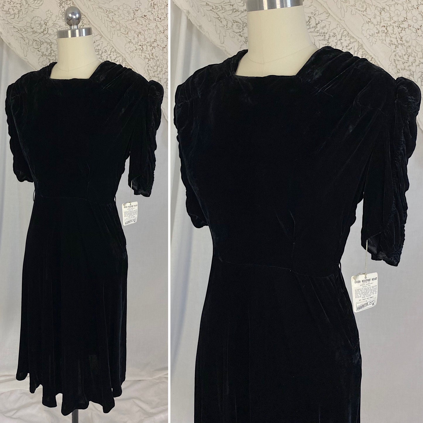 Vintage 1940's Dress | Deep Black Rayon Velvet with Ruched Puff Sleeves & Fabric Covered Buttons | Size M | New with Tags