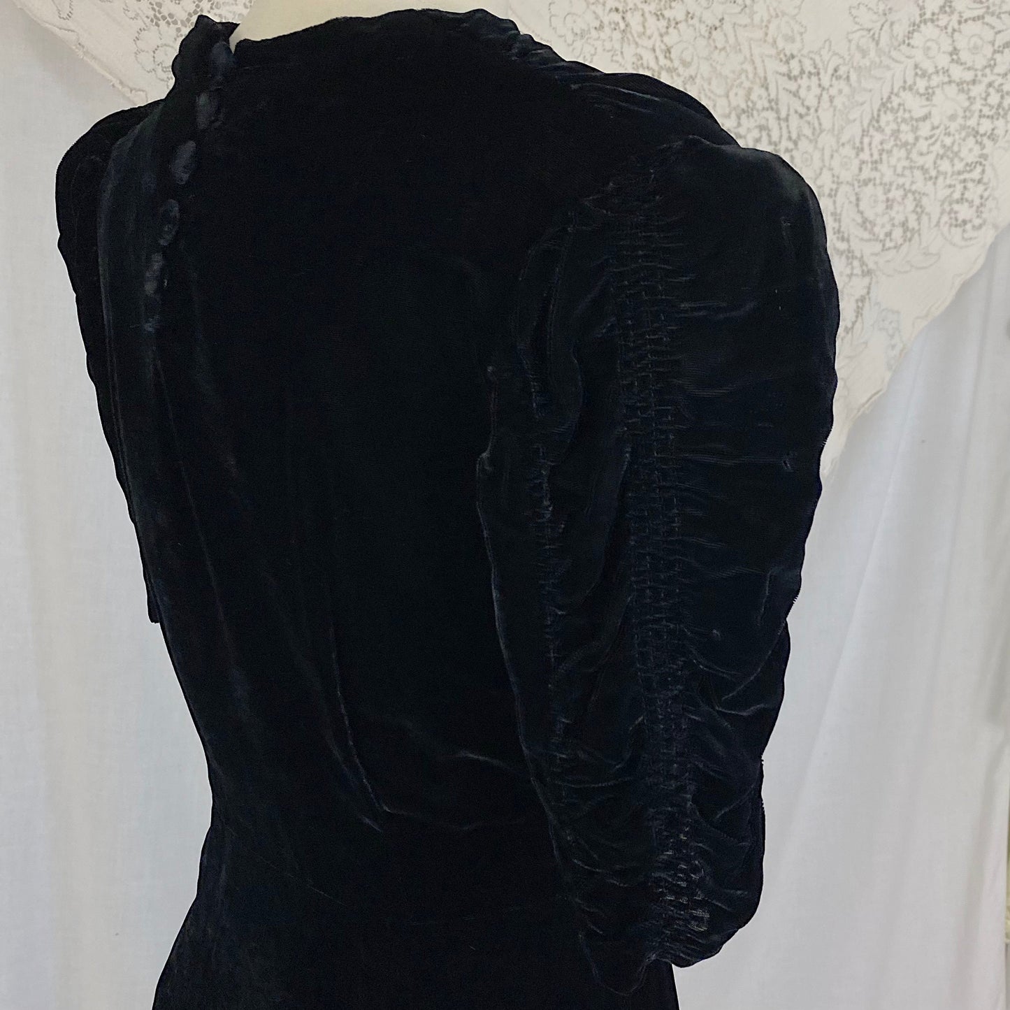 Vintage 1940's Dress | Deep Black Rayon Velvet with Ruched Puff Sleeves & Fabric Covered Buttons | Size M | New with Tags