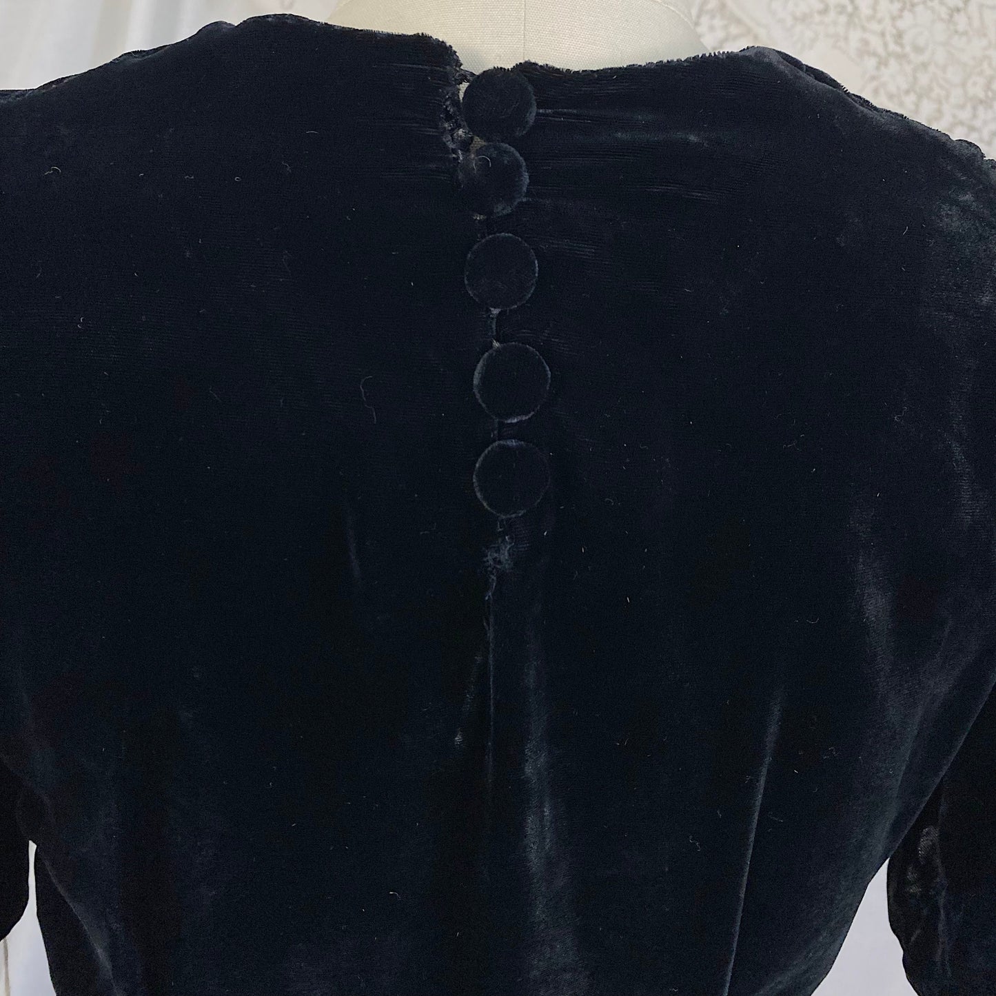 Vintage 1940's Dress | Deep Black Rayon Velvet with Ruched Puff Sleeves & Fabric Covered Buttons | Size M | New with Tags