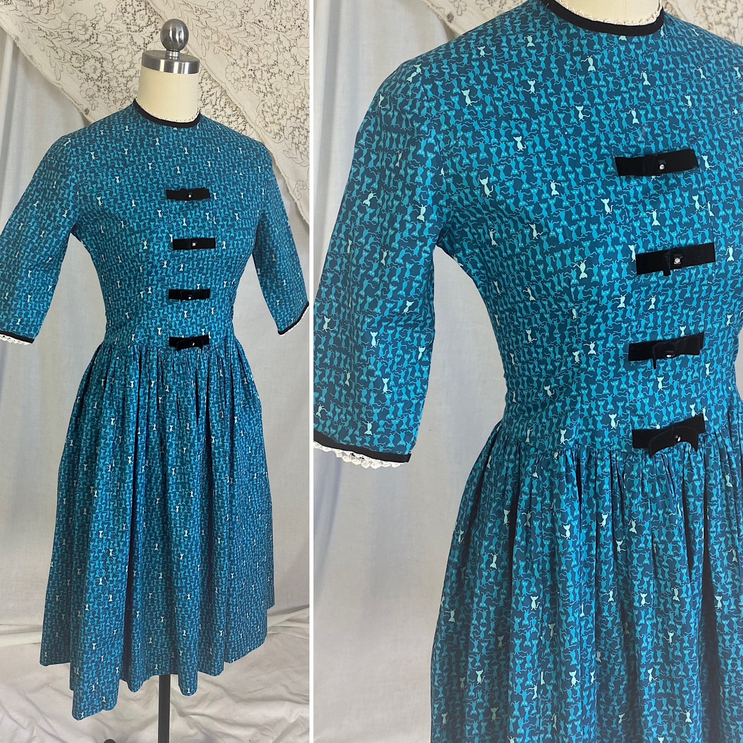 1950's - 1960's Full Swing Dress | Blue Cotton with Atomic Kitty Cat Print & Rhinestone Black Velvet Bows | Size XS Petite | Semitee N