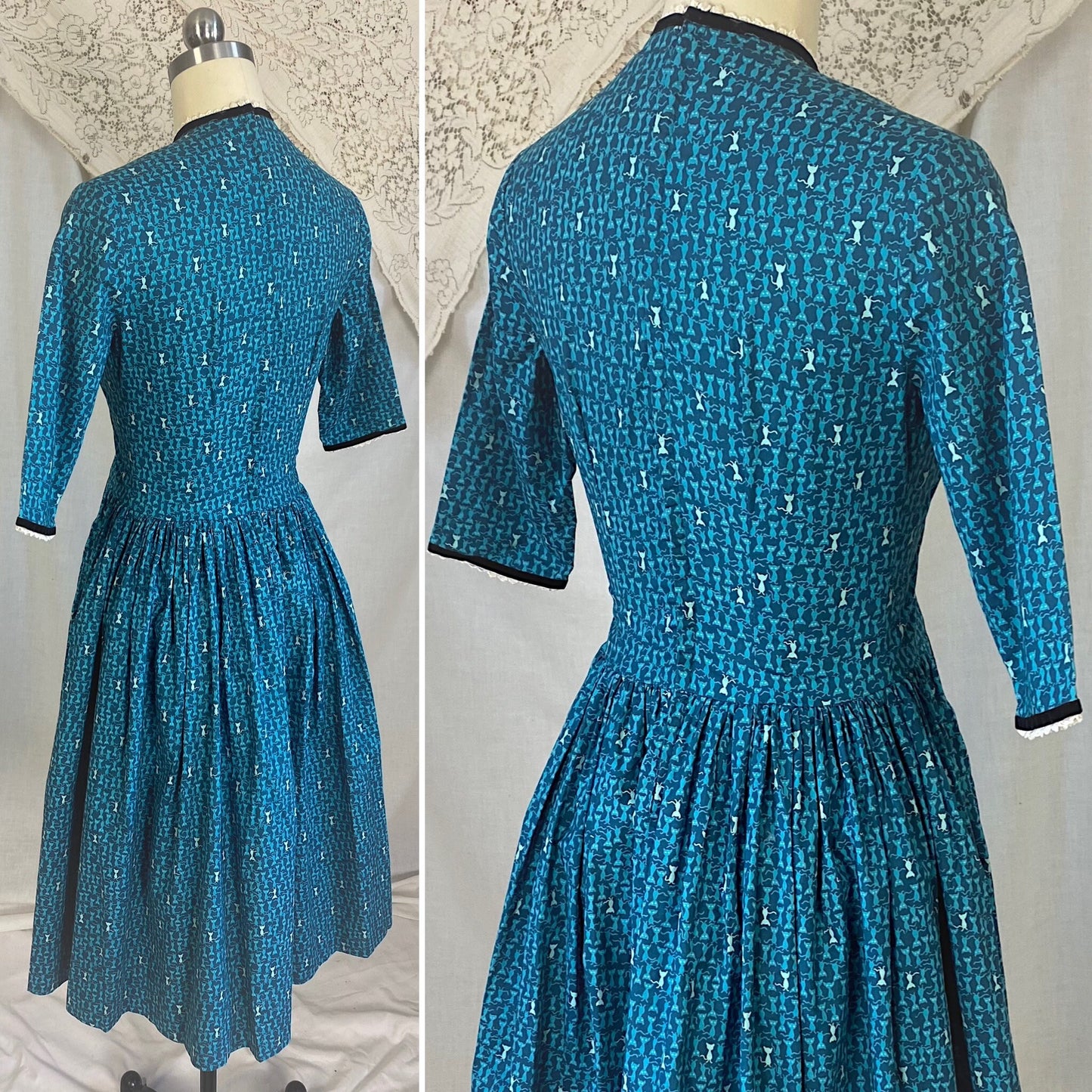 1950's - 1960's Full Swing Dress | Blue Cotton with Atomic Kitty Cat Print & Rhinestone Black Velvet Bows | Size XS Petite | Semitee N