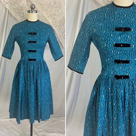 1950's - 1960's Full Swing Dress | Blue Cotton with Atomic Kitty Cat Print & Rhinestone Black Velvet Bows | Size XS Petite | Semitee N
