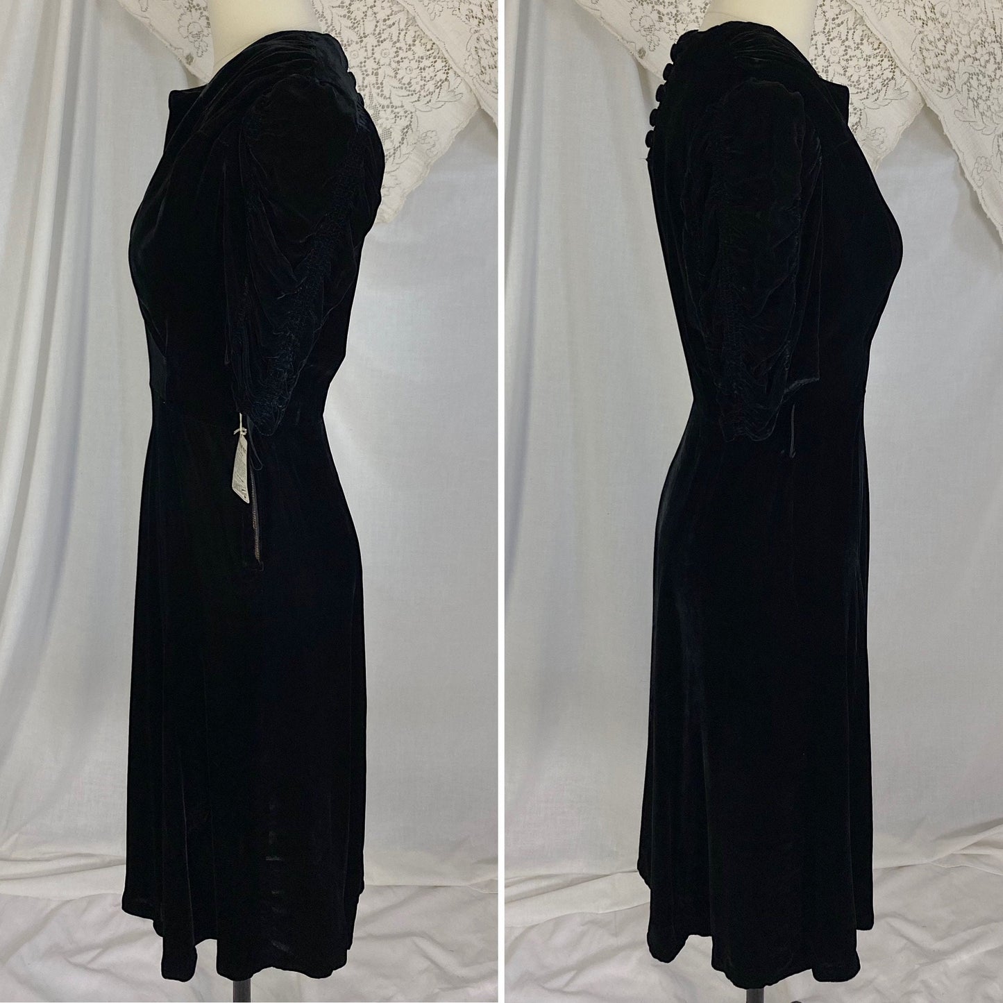 Vintage 1940's Dress | Deep Black Rayon Velvet with Ruched Puff Sleeves & Fabric Covered Buttons | Size M | New with Tags