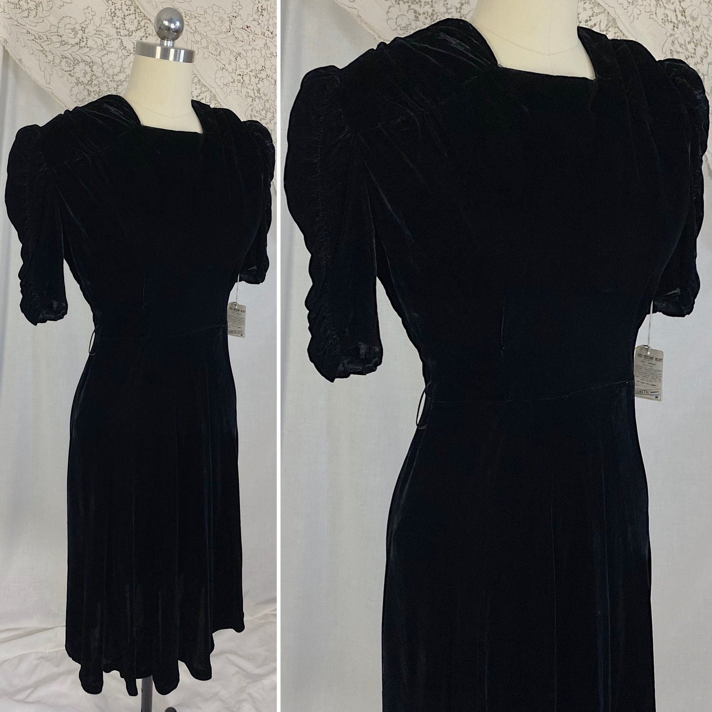 Vintage 1940's Dress | Deep Black Rayon Velvet with Ruched Puff Sleeves & Fabric Covered Buttons | Size M | New with Tags