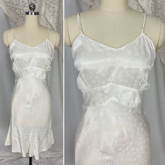 Vintage 1940's Slip | Pearly White Rayon Satin with Hearts & Flowers Damask Pattern | Multiple Sizes - XS, S/M, LG/XL | Never Worn