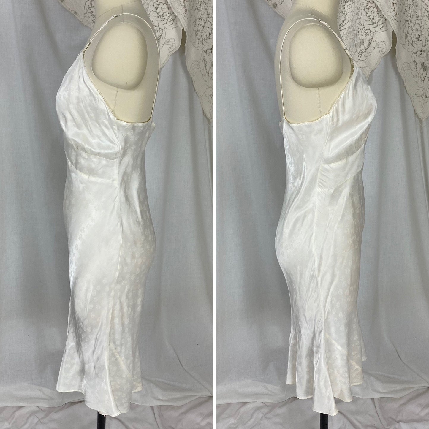 Vintage 1940's Slip | Pearly White Rayon Satin with Hearts & Flowers Damask Pattern | Multiple Sizes - XS, S/M, LG/XL | Never Worn