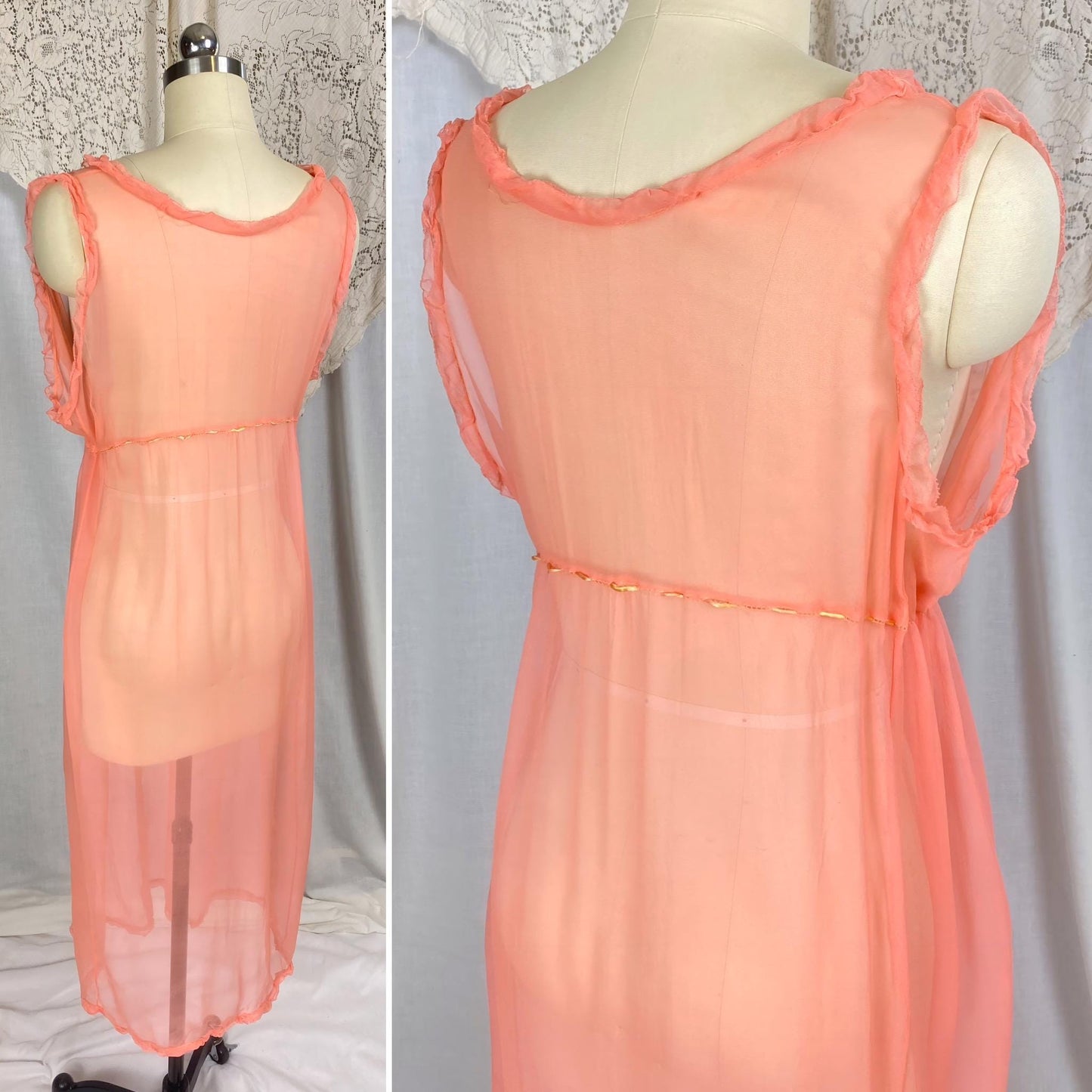 Vintage 1920's Nightgown | Sheer Coral Pink Silk with Ruffled Detail & Drawstring Waist | Size S, M. LG