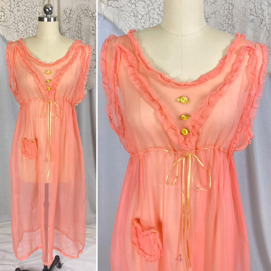 Vintage 1920's Nightgown | Sheer Coral Pink Silk with Ruffled Detail & Drawstring Waist | Size S, M. LG