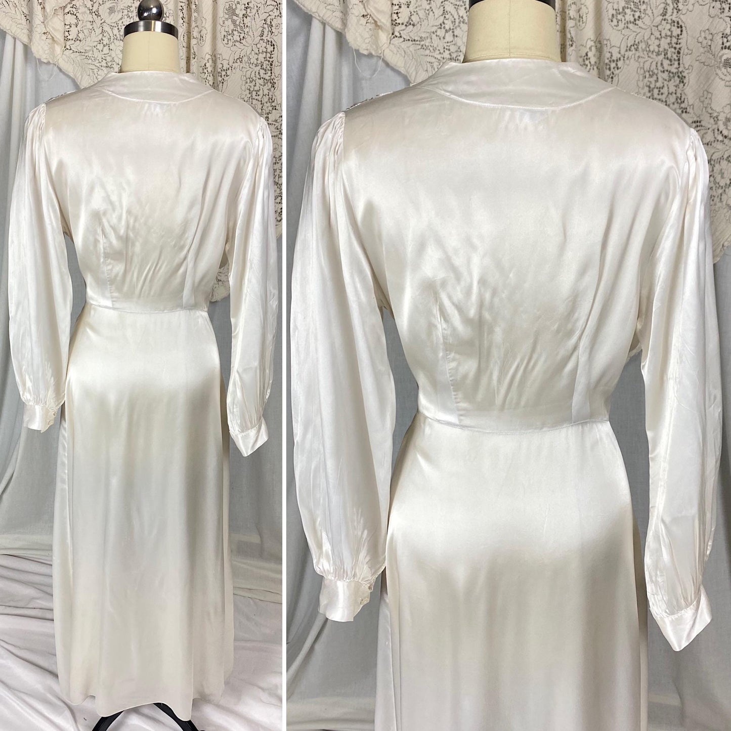 Vintage 1940's Dressing Gown Robe | Pearly White Rayon Satin with Ecru Floral Lace & Shell Buttons | Size LG, XLG | Tranel