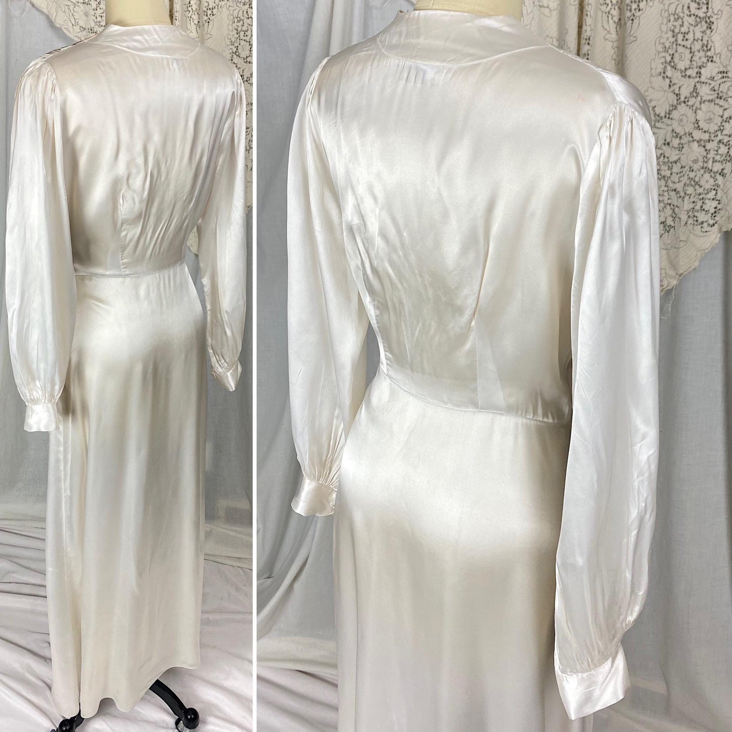 Vintage 1940's Dressing Gown Robe | Pearly White Rayon Satin with Ecru Floral Lace & Shell Buttons | Size LG, XLG | Tranel