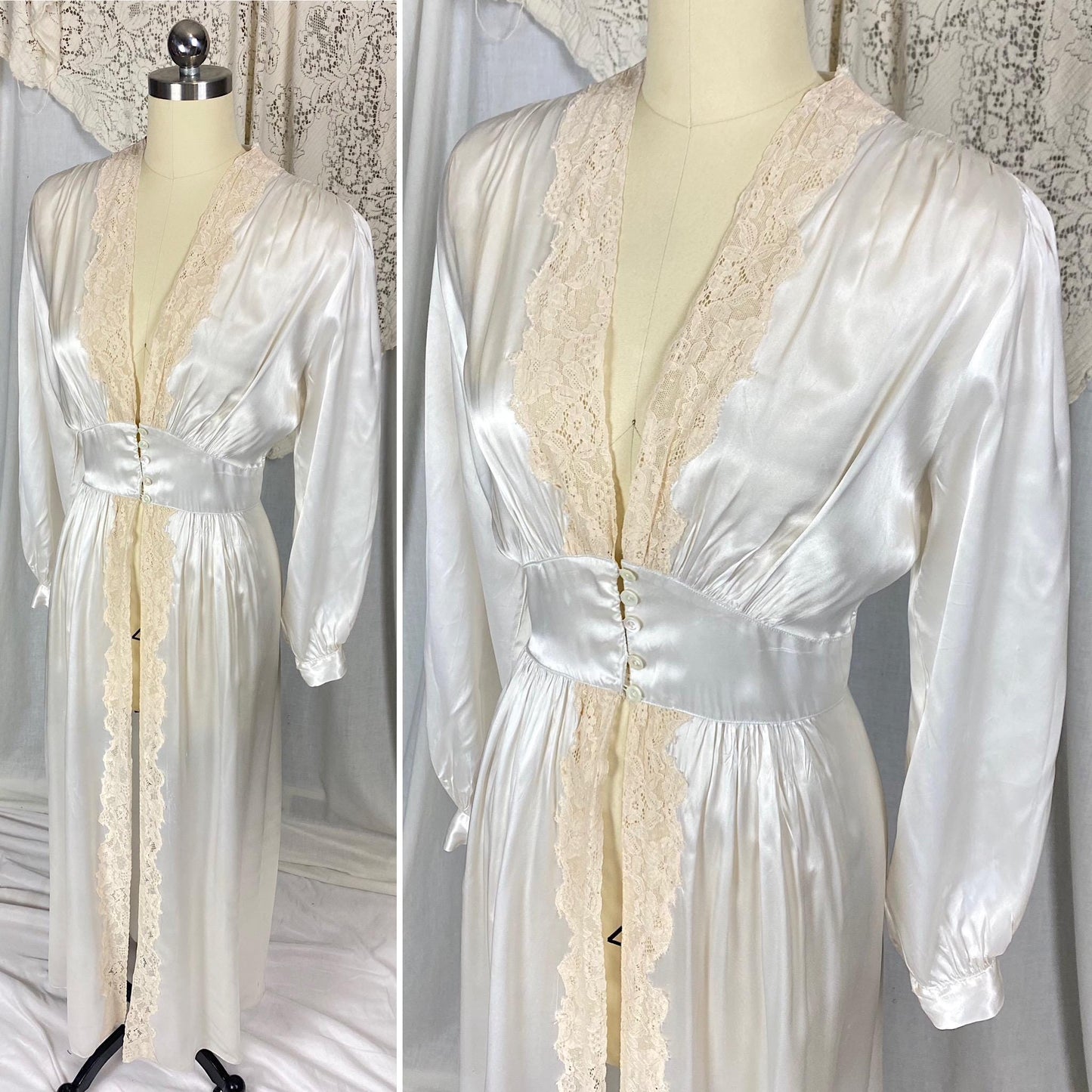 Vintage 1940's Dressing Gown Robe | Pearly White Rayon Satin with Ecru Floral Lace & Shell Buttons | Size LG, XLG | Tranel
