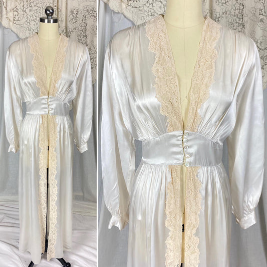 Vintage 1940's Dressing Gown Robe | Pearly White Rayon Satin with Ecru Floral Lace & Shell Buttons | Size LG, XLG | Tranel