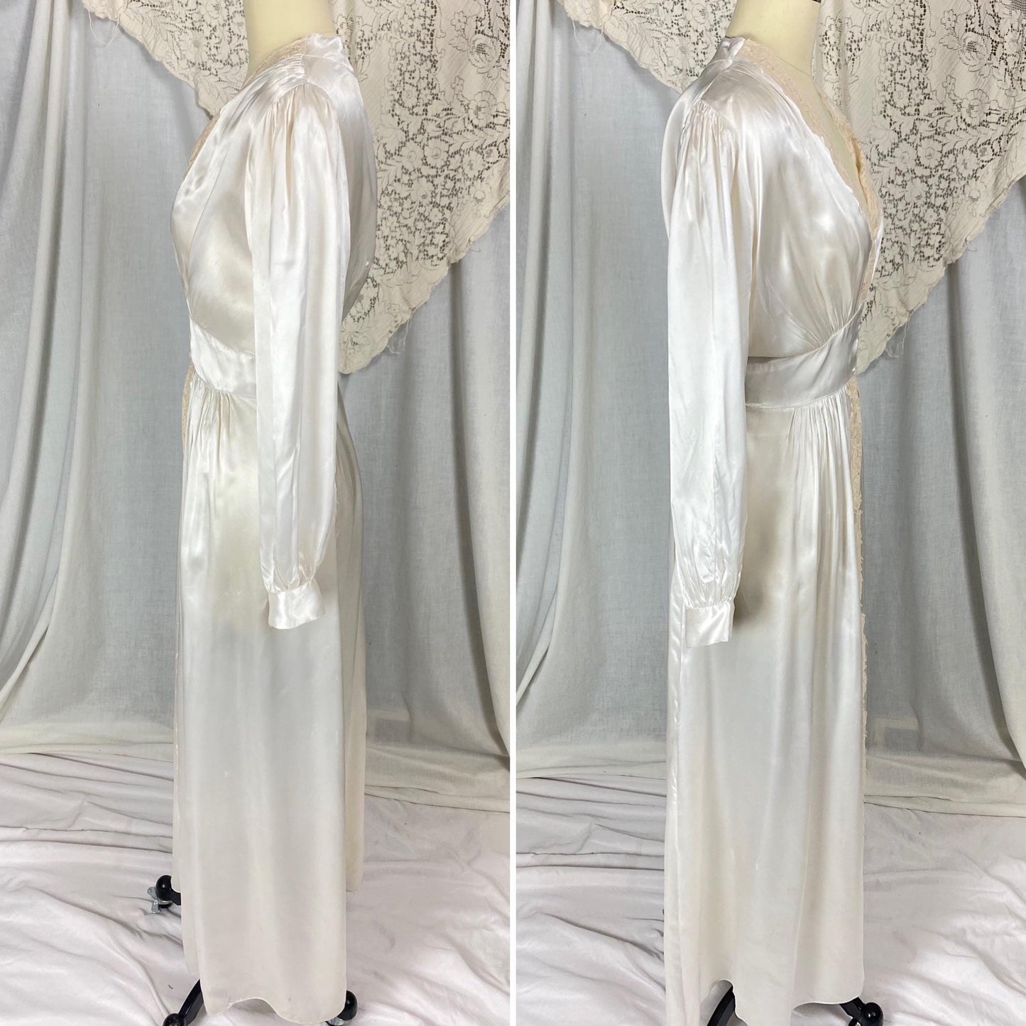 Vintage 1940's Dressing Gown Robe | Pearly White Rayon Satin with Ecru Floral Lace & Shell Buttons | Size LG, XLG | Tranel