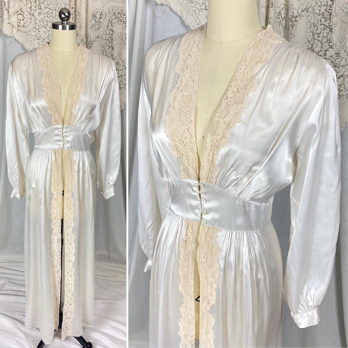 Vintage 1940s dressing gown bridal robe white rayon satin with cotton floral lace and pearl buttons size medium large