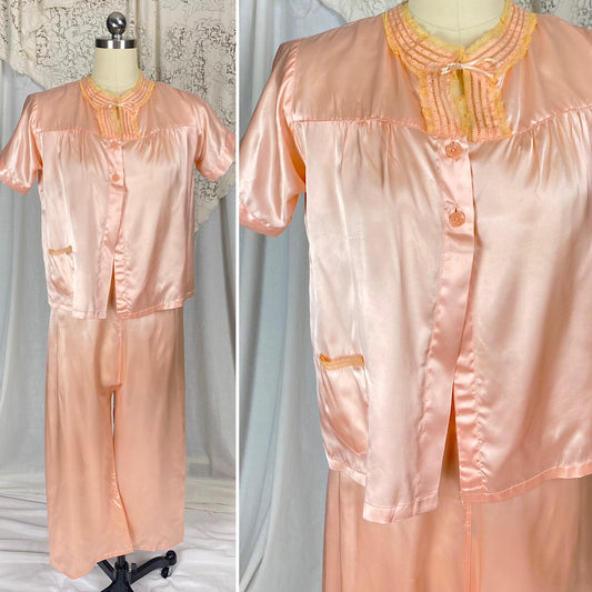 Vintage 1940's Pajama Set | Rosy Pink Rayon Satin with Ruffled Lace & Satin Damask Collar | Size XS, S | Little Miss Dixie - Never Worn