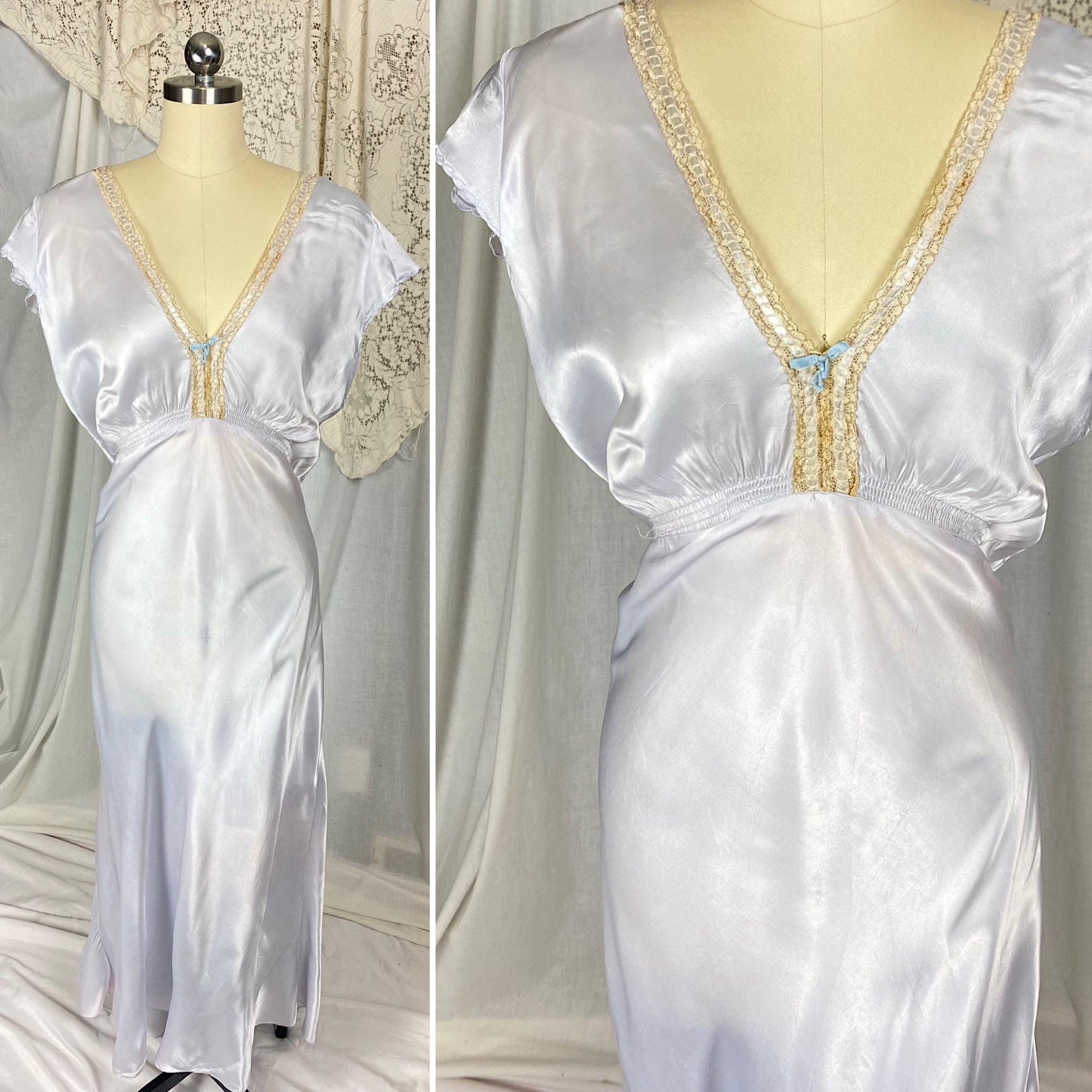 Vintage 1940's Nightgown | Pale Blue Rayon Satin with Warm Nude Lace | Size XLG, XXLG