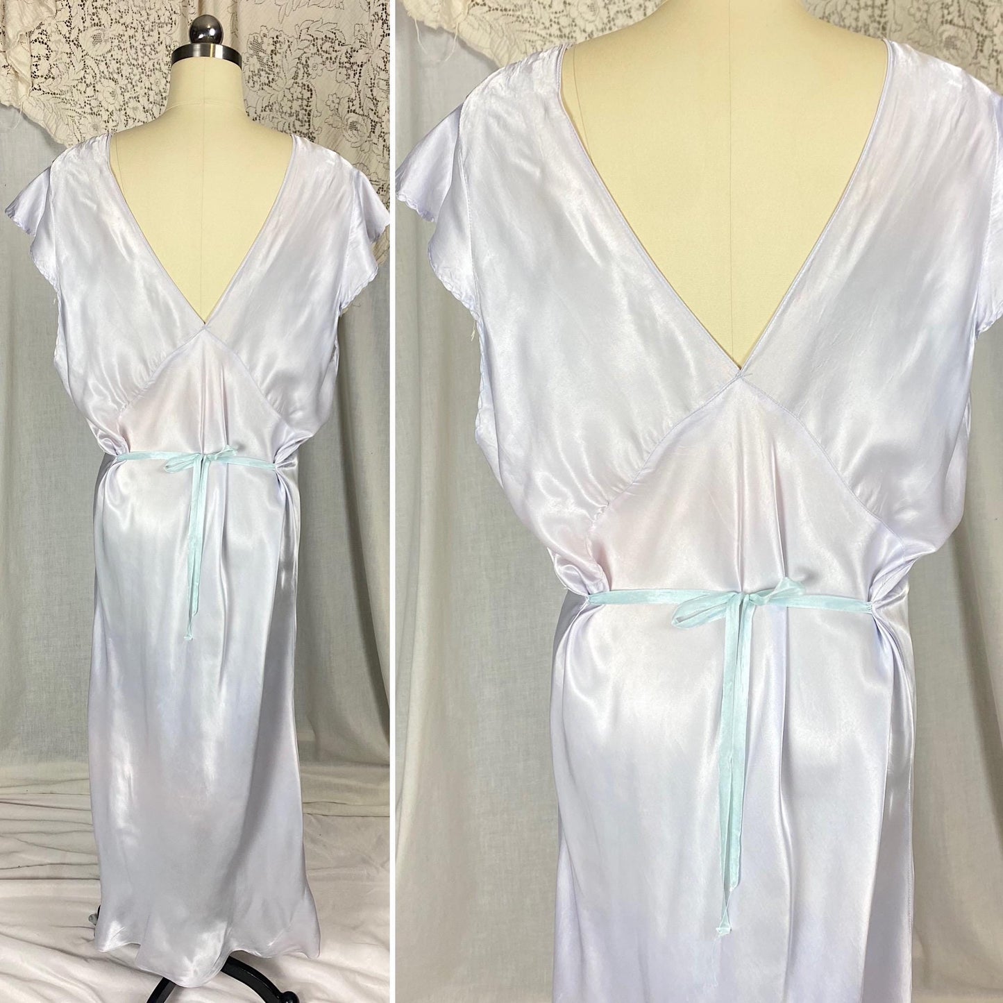 Vintage 1940's Nightgown | Pale Blue Rayon Satin with Warm Nude Lace | Size XLG, XXLG