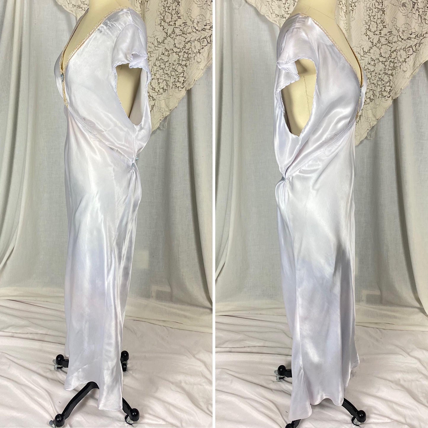 Vintage 1940's Nightgown | Pale Blue Rayon Satin with Warm Nude Lace | Size XLG, XXLG