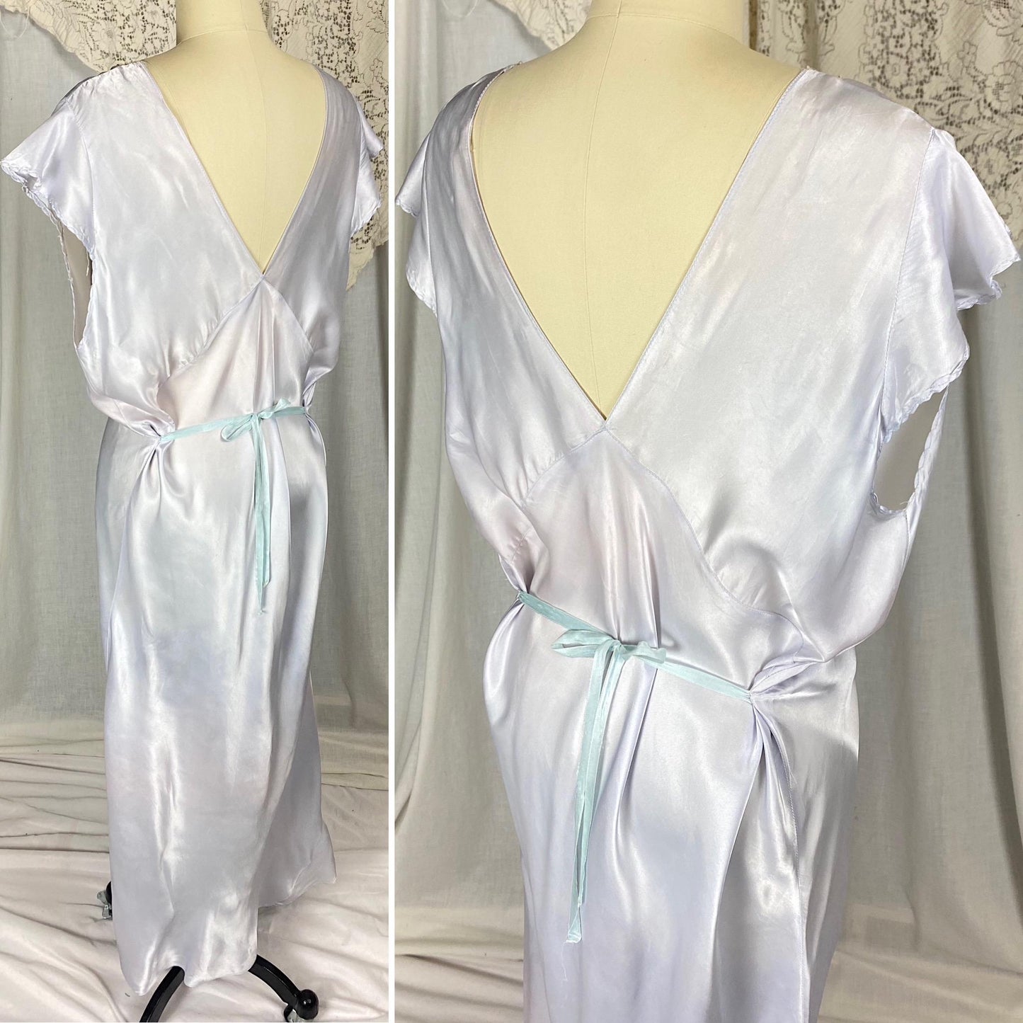 Vintage 1940's Nightgown | Pale Blue Rayon Satin with Warm Nude Lace | Size XLG, XXLG