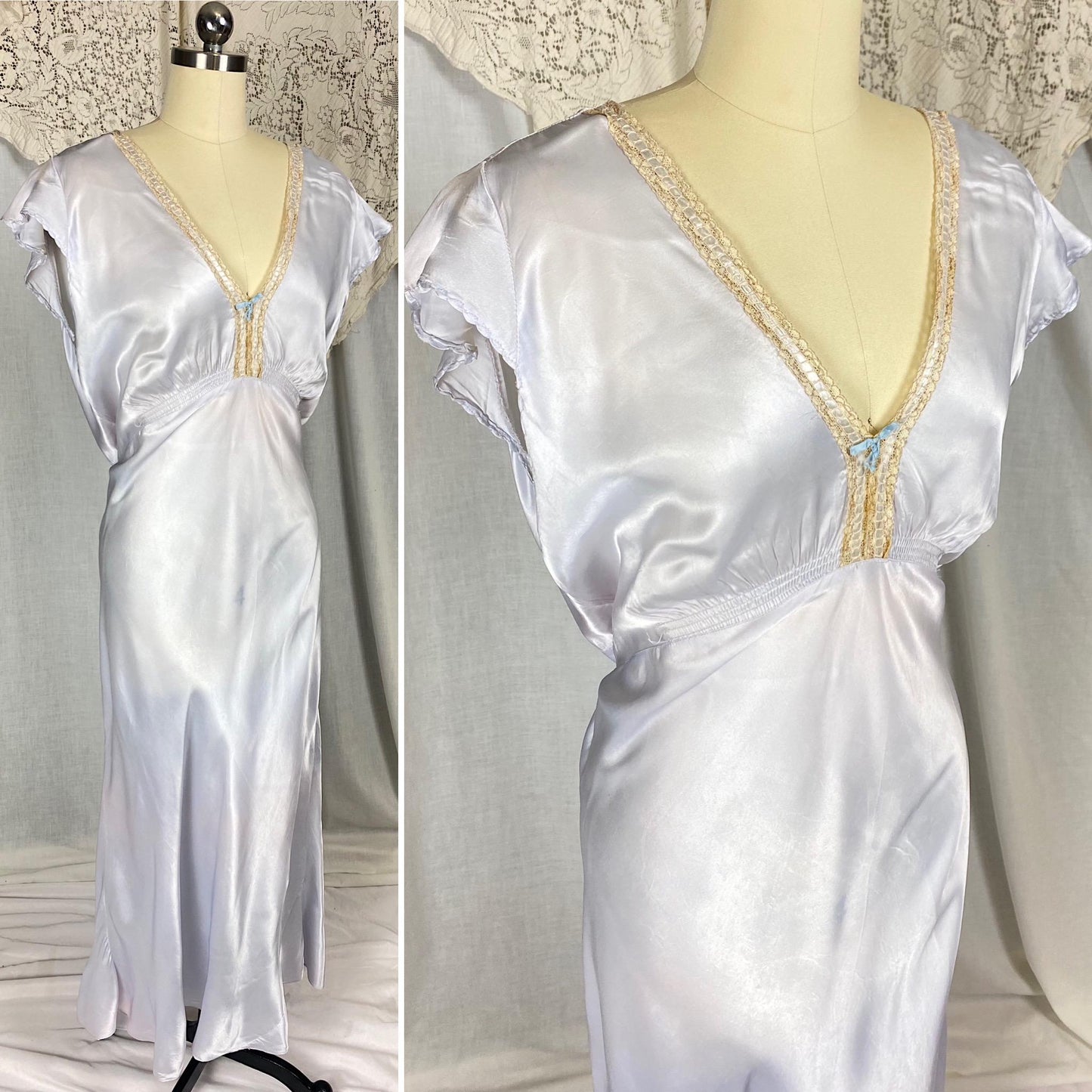 Vintage 1940's Nightgown | Pale Blue Rayon Satin with Warm Nude Lace | Size XLG, XXLG