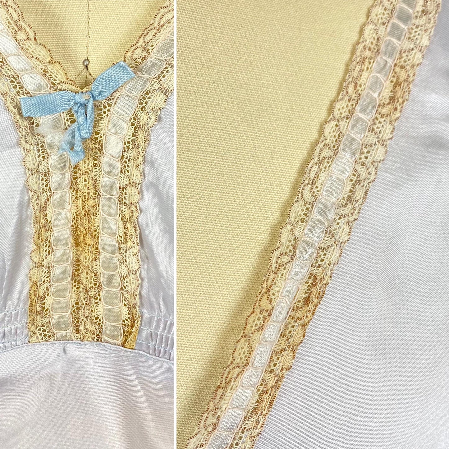 Vintage 1940's Nightgown | Pale Blue Rayon Satin with Warm Nude Lace | Size XLG, XXLG