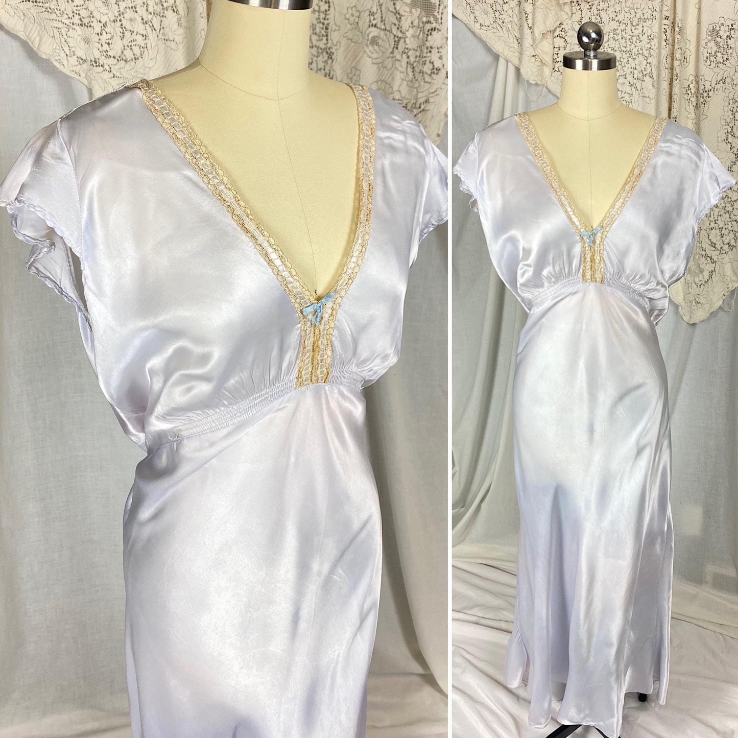 Vintage 1940s blue rayon satin bias cut nightgown with lace plus size XLG 2XLG bridal lingerie