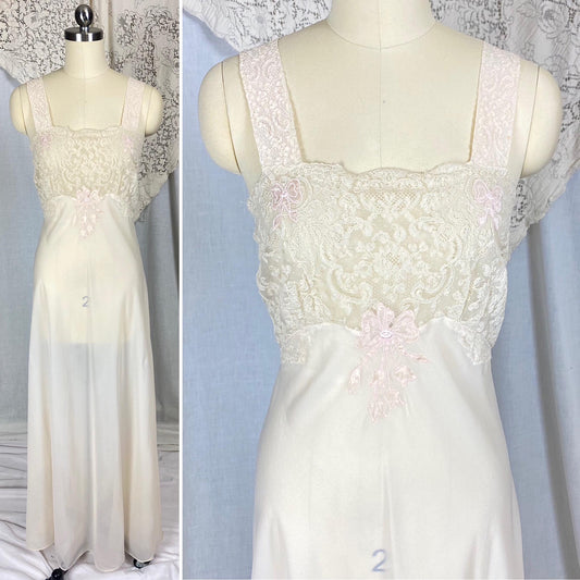 Vintage 1950's - 1960's Nightgown | Sheer Buttercream Nylon Crepe with Intricate Alencon Lace & Pink Silk Appliques | Size XS
