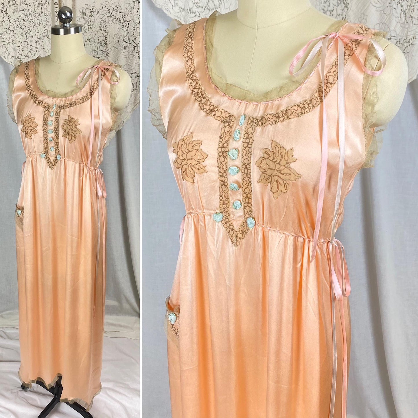 Vintage 1920's Nightgown | Rich Peach Silk with Taupe Tulle Edging & Silk Ribbon Drawstrings | Size XS, S | Never Worn