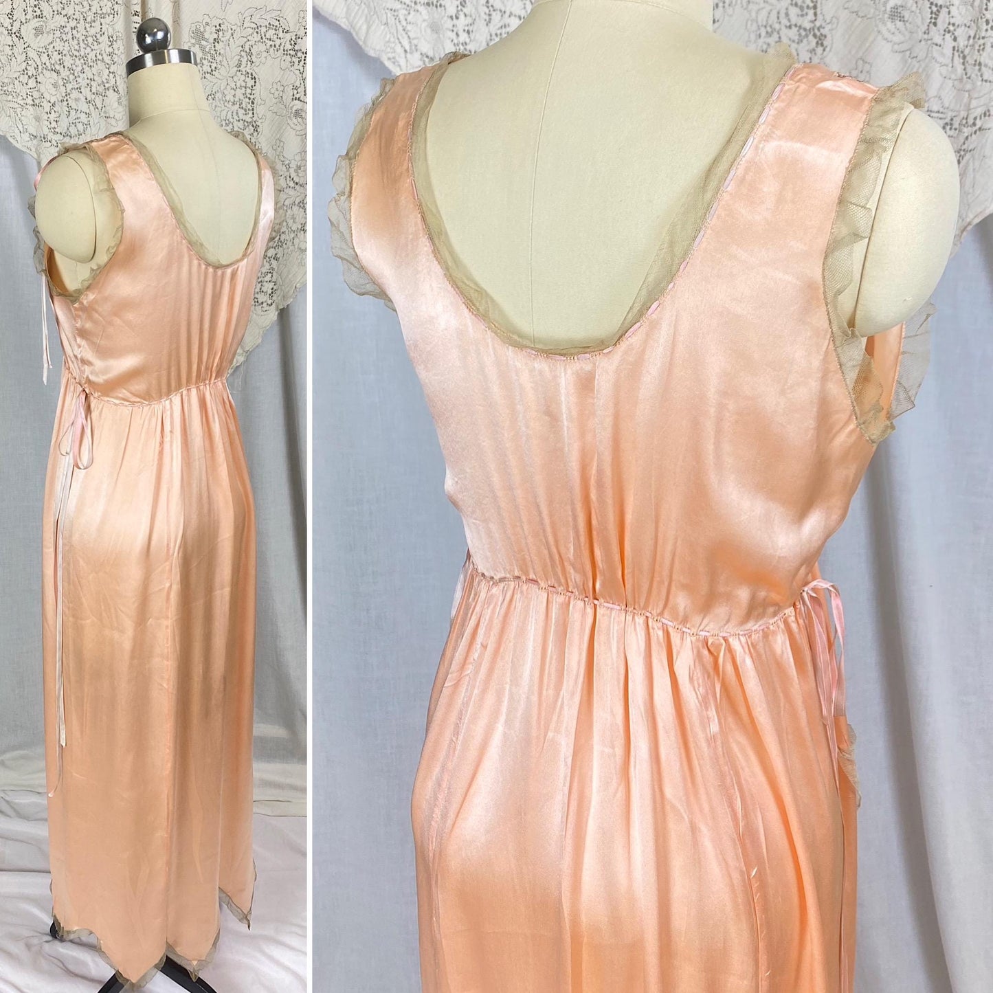 Vintage 1920's Nightgown | Rich Peach Silk with Taupe Tulle Edging & Silk Ribbon Drawstrings | Size XS, S | Never Worn