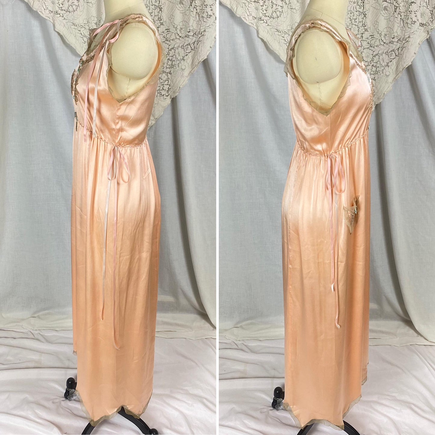 Vintage 1920's Nightgown | Rich Peach Silk with Taupe Tulle Edging & Silk Ribbon Drawstrings | Size XS, S | Never Worn
