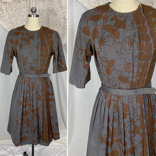 Vintage 1950's Dress | Blue Tweed with Chocolate Brown Floral Print | Size S, M | Dede Johnson California